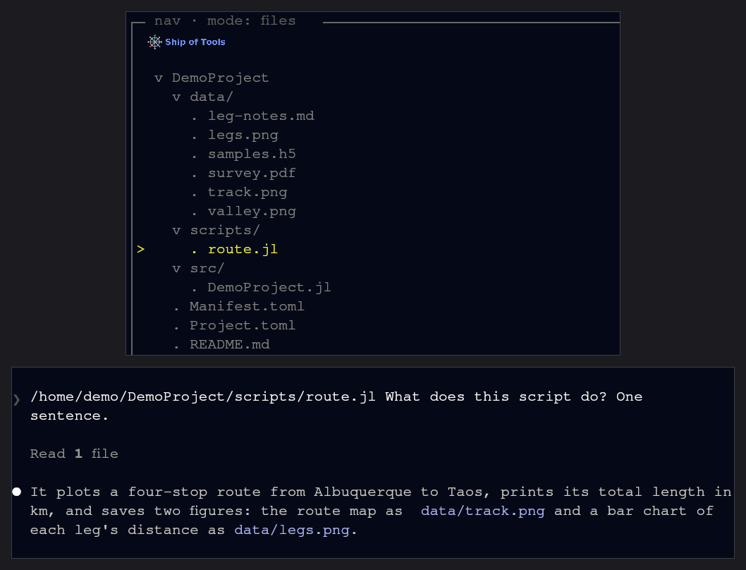 Pressing c in Files mode copies the selected file's path; Ctrl+V pastes it into the Claude Code session in the agent pane; asked what the script does, it answers in one sentence.