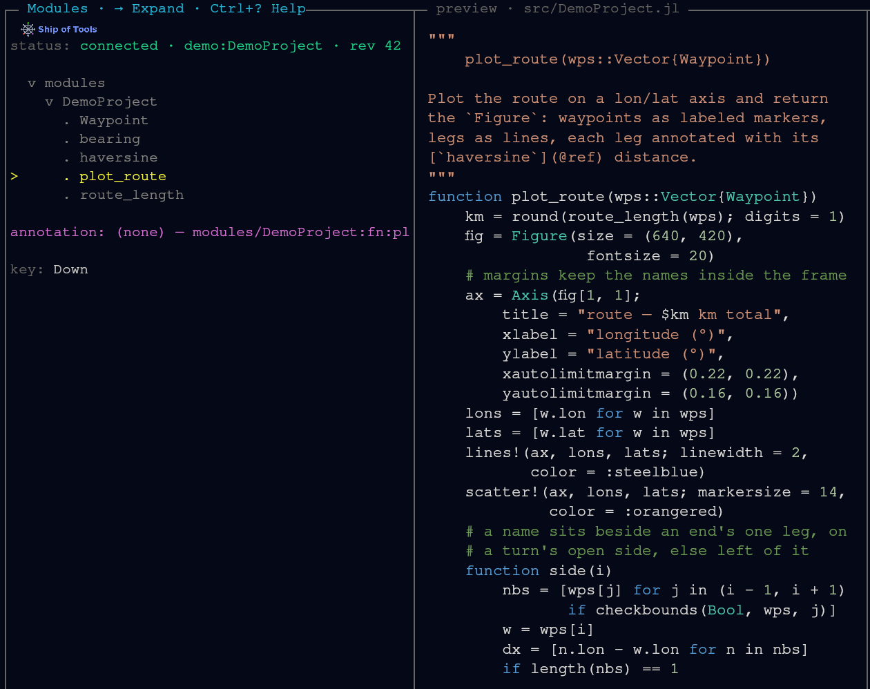 Modules mode: the cursor moves through a module's definitions, with docstring and source in the preview.