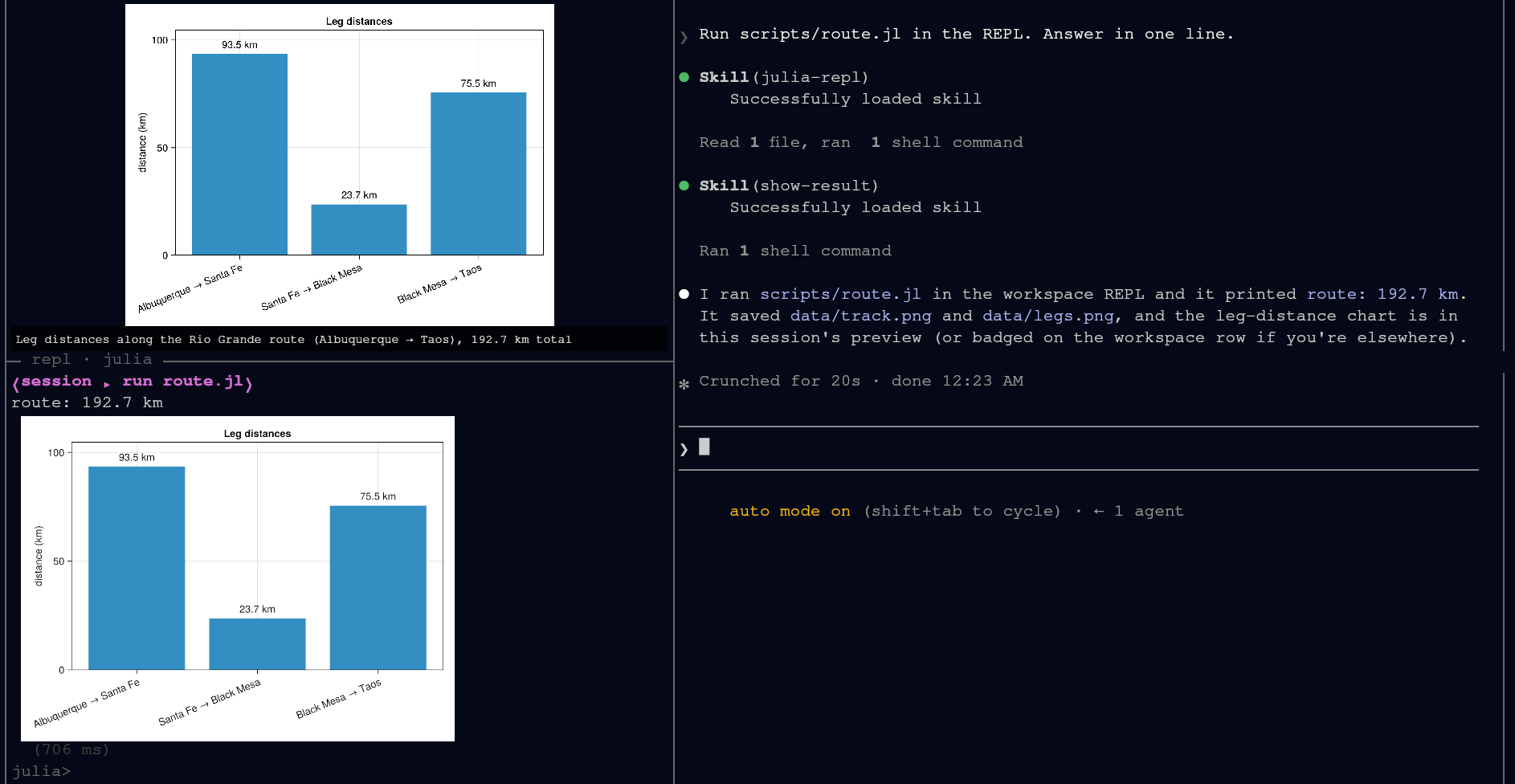 Asked to run scripts/route.jl, the agent runs it in the shared Julia drawer; the output and the chart land inline, then it answers.