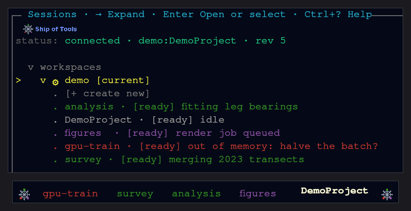 Demo session rows changing colour as a script sets their work states: green working, red waiting for your answer, purple waiting on a job, blue done, gray idle. Each row's ready tag means its supervisor has a live agent process running.