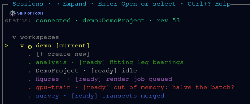 Session rows in their work-state colours, each with the reason it last reported.
