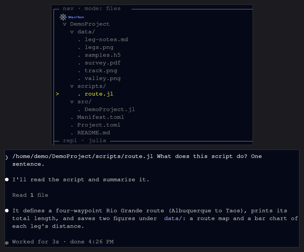 Pressing c in Files mode copies the selected file's path; Ctrl+V pastes it into the Claude Code session in the agent pane; asked what the script does, it answers in one sentence.