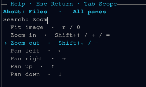 The Help drawer (Ctrl+? twice): Tab widens the scope to all panes, typing zoom filters the actions, Down steps through them.