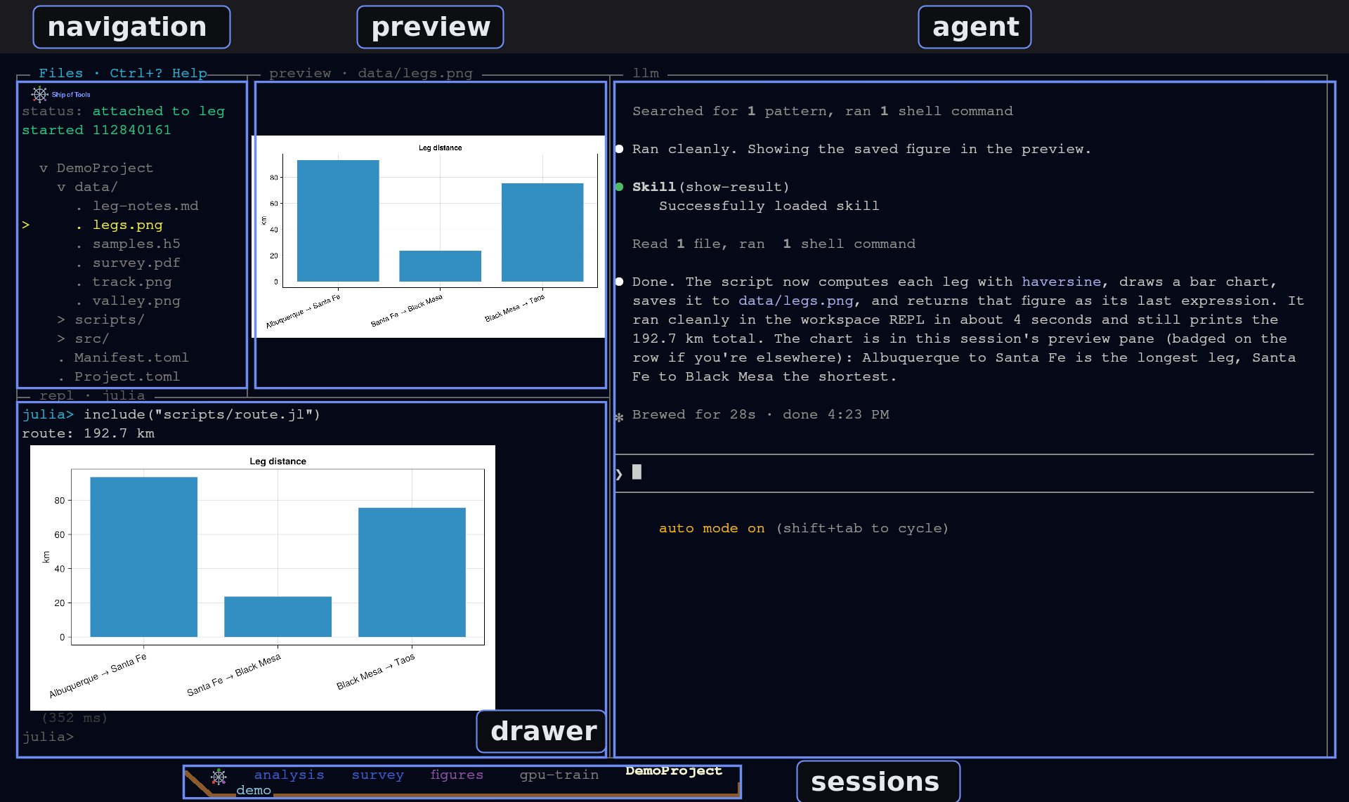 The window with the Julia drawer open: navigation, preview and drawer on the left, the agent column full height on the right, the session strip along the bottom.