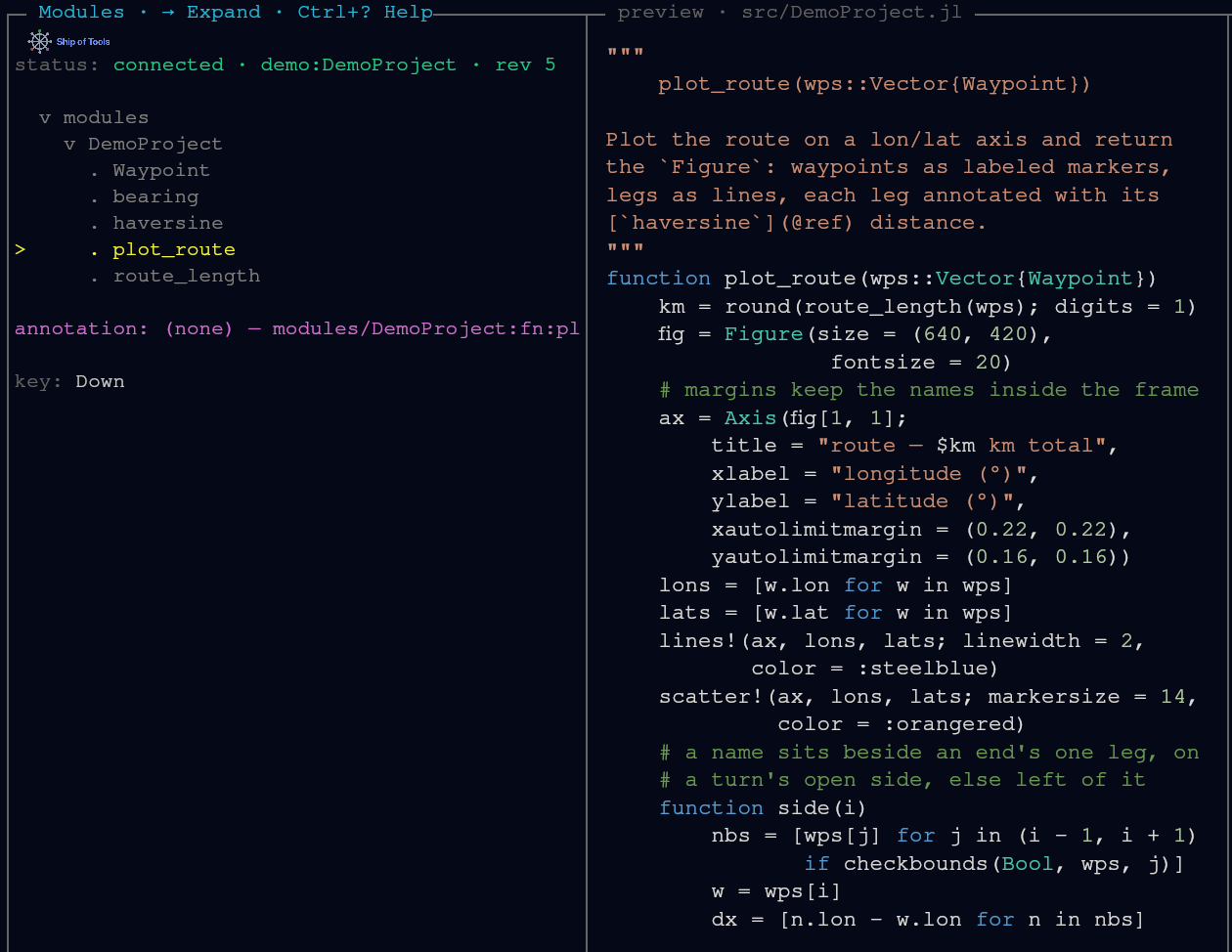 Modules mode: the cursor moves through a module's definitions, with docstring and source in the preview.