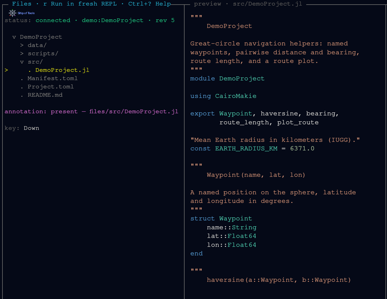 Files mode with src/DemoProject.jl selected; its source in the preview.