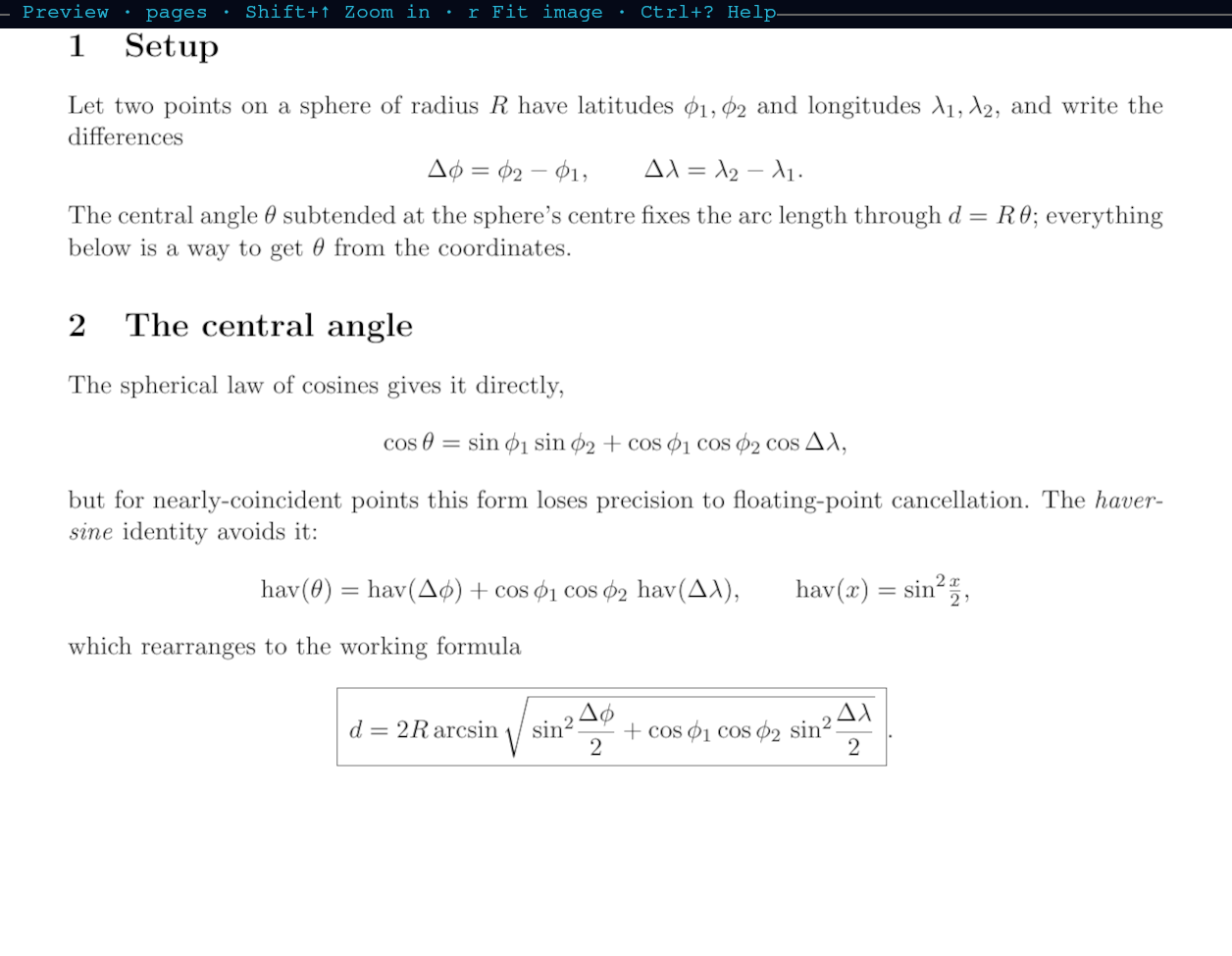With the preview focused, n and p page through a PDF, then = zooms in to read it.
