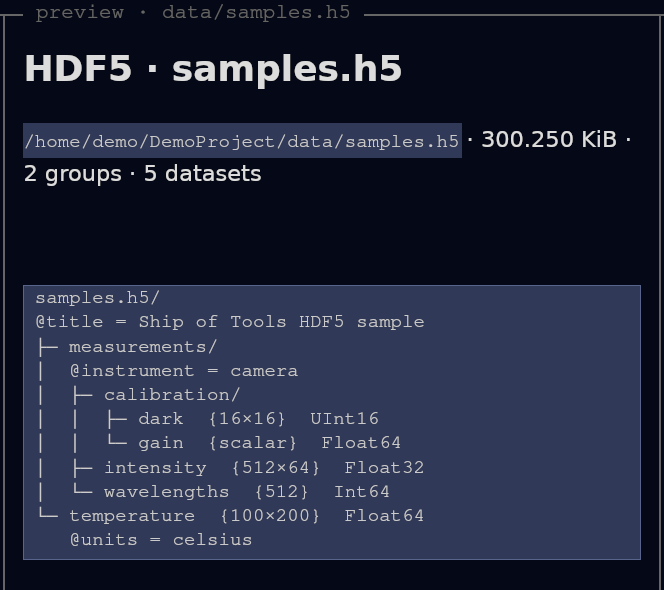 An HDF5 file: groups, datasets, shapes, element types and attributes.