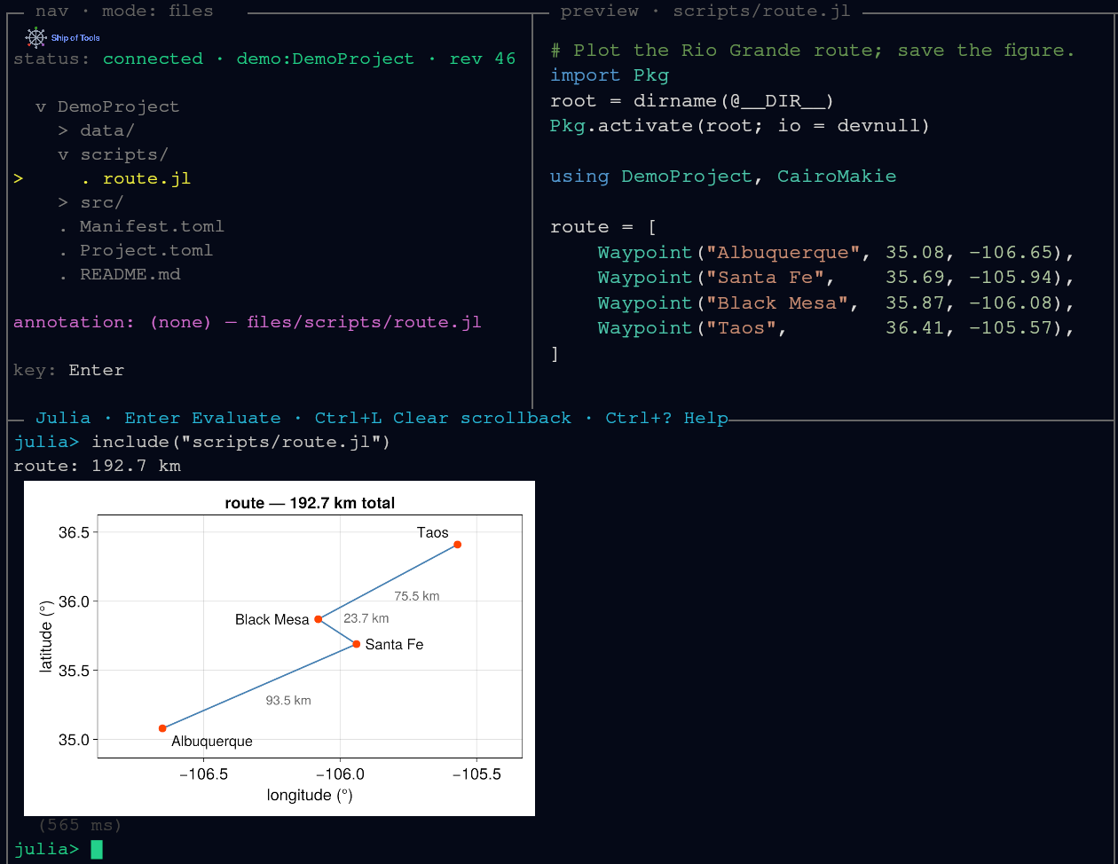 The Julia drawer after running scripts/route.jl: the printed output and the figure inline.