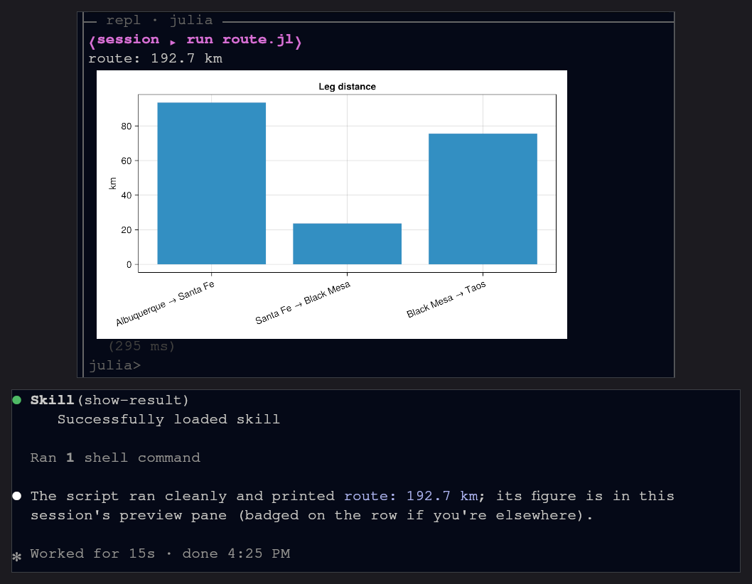 Asked to run scripts/route.jl, the agent runs it in the shared Julia drawer; the output and the leg-distance bar chart land inline, then it answers.