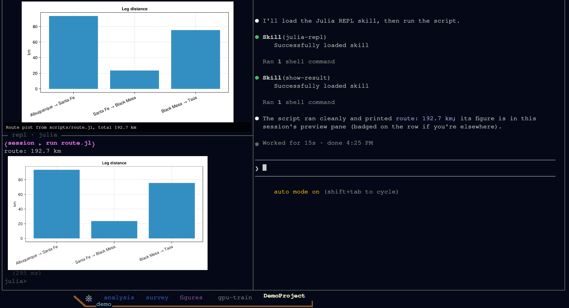 Asked to run scripts/route.jl, the agent runs it in the shared Julia drawer; the output and the chart land inline, then it answers.