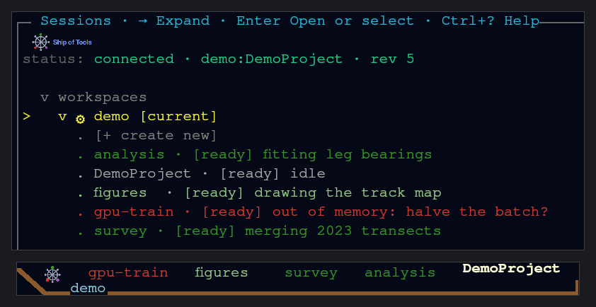 Demo session rows changing color as a script sets their work states: green working, red waiting for your answer, purple waiting on a job, blue done, gray idle. Each row's [ready] tag means its session process is up. Under the rows, the session strip shows the same colors.