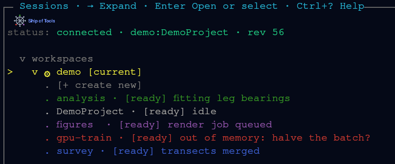Session rows in their work-state colors, each with the reason it last reported.
